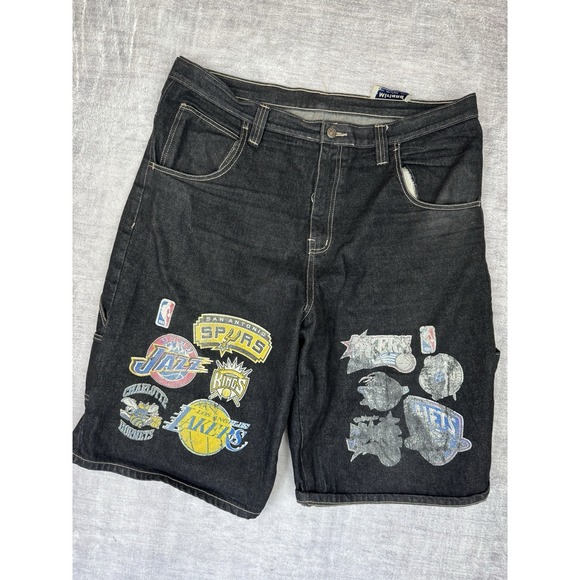 Vintage NBA Basketball Shorts Mens 40 Black Carpenter Teams Logo Denim Jorts Y2K - Picture 1 of 15